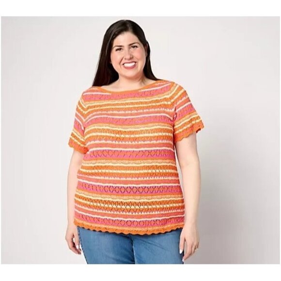 Belle by Kim Gravel Summer Boho Pointelle Stripe Sweater Sz 3X Orange Knit - Picture 1 of 15